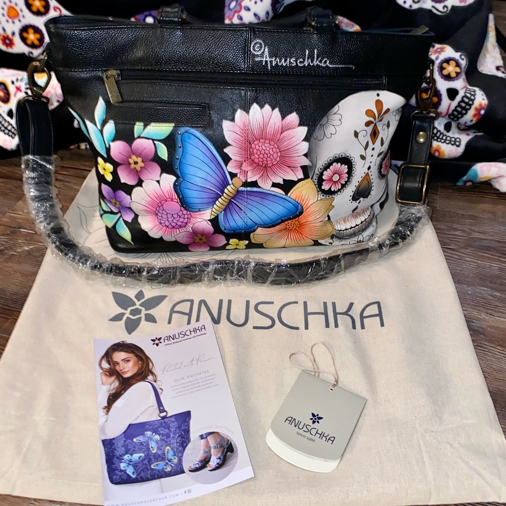NWT ANUSCHKA SUGAR SKULL DAY OF DEAD CALAVERAS LEATHER SATCHEL TOTE BAG 3 COMPT